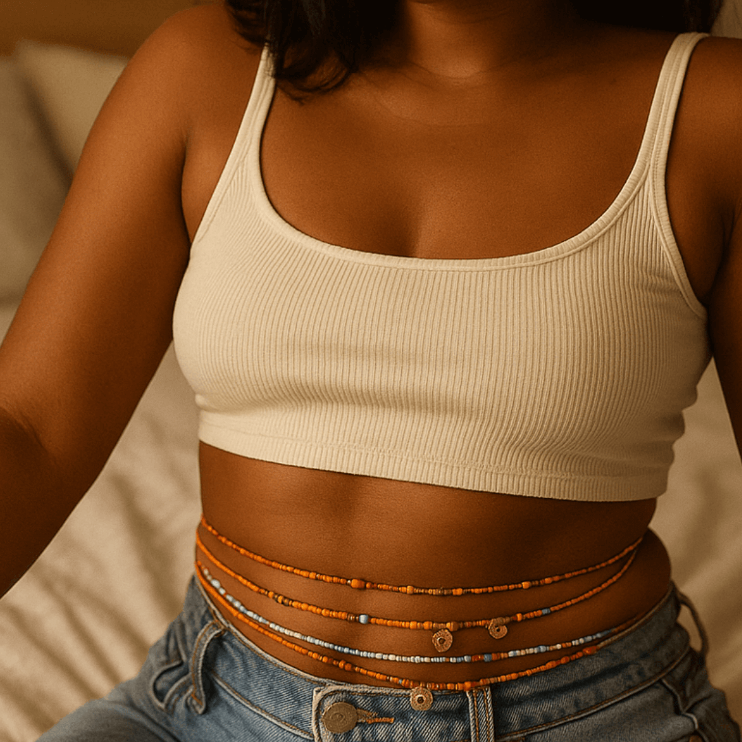 waist beads wrapped around woman's waist