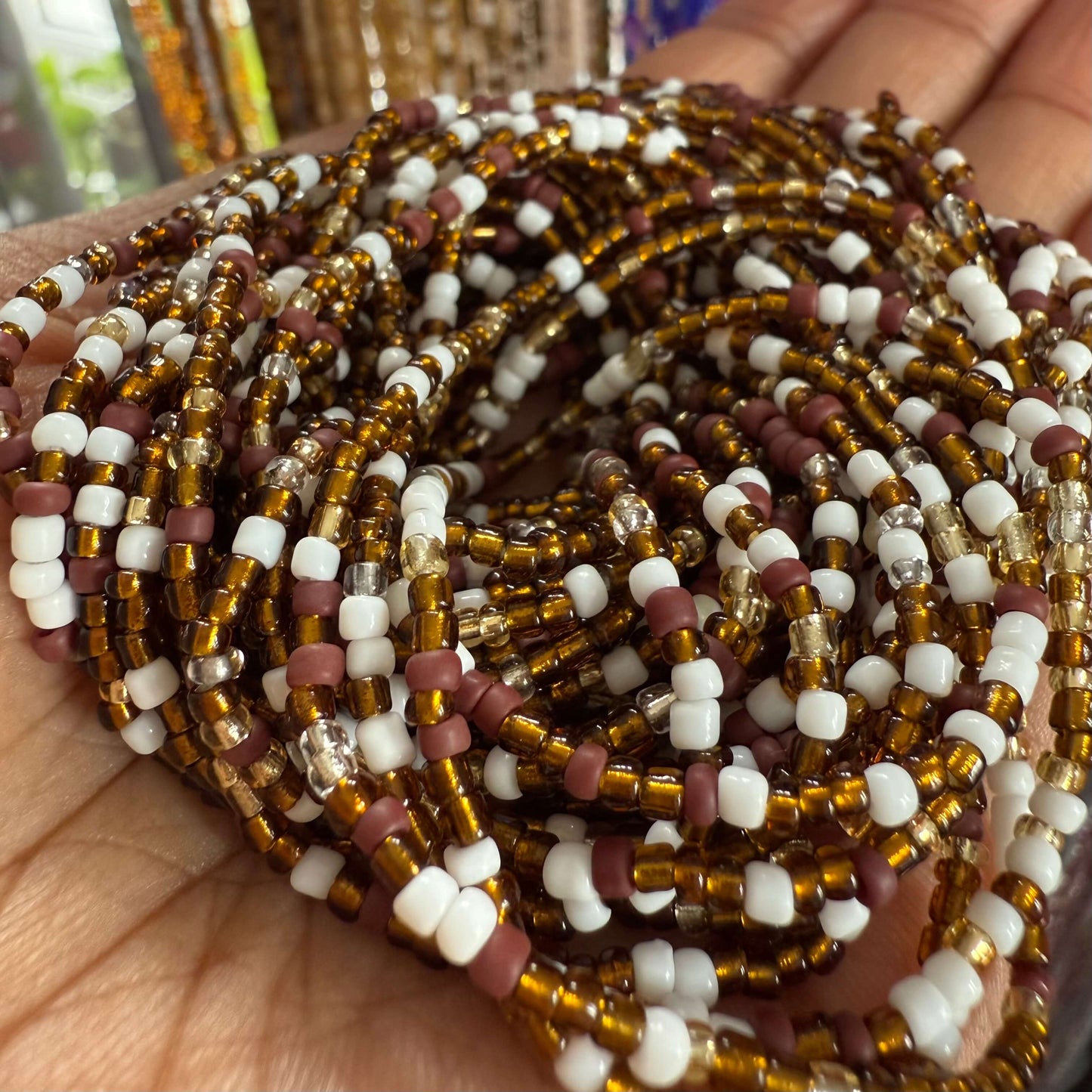 waist beads, african waist beads, brown, gold and white waist beads for women