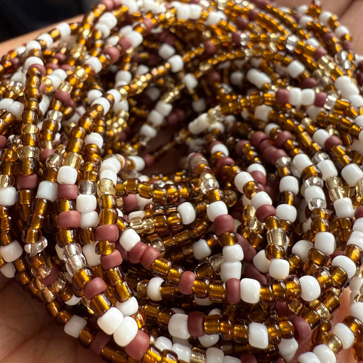 waist beads, african waist beads, brown, gold and white waist beads for women