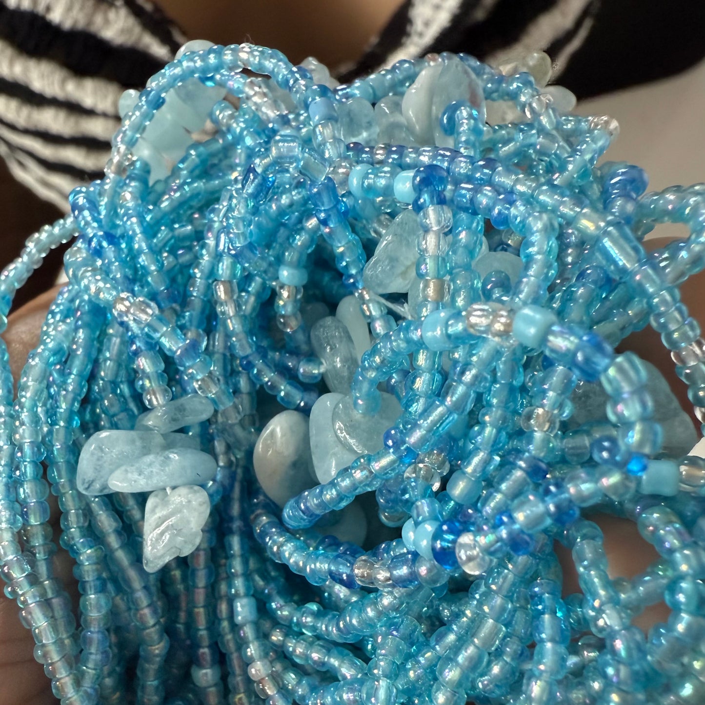 Blue beaded waist necklace with aquamarine crystals, waist beads for healing
