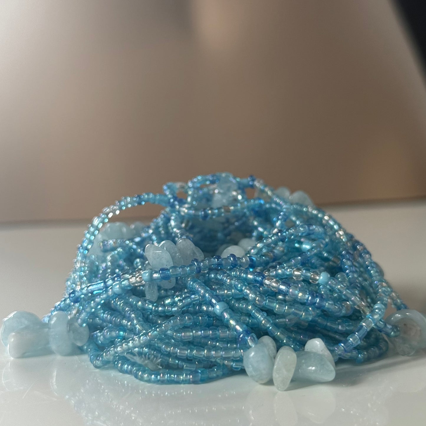 Blue beaded waist necklace with aquamarine crystals, waist beads for healing