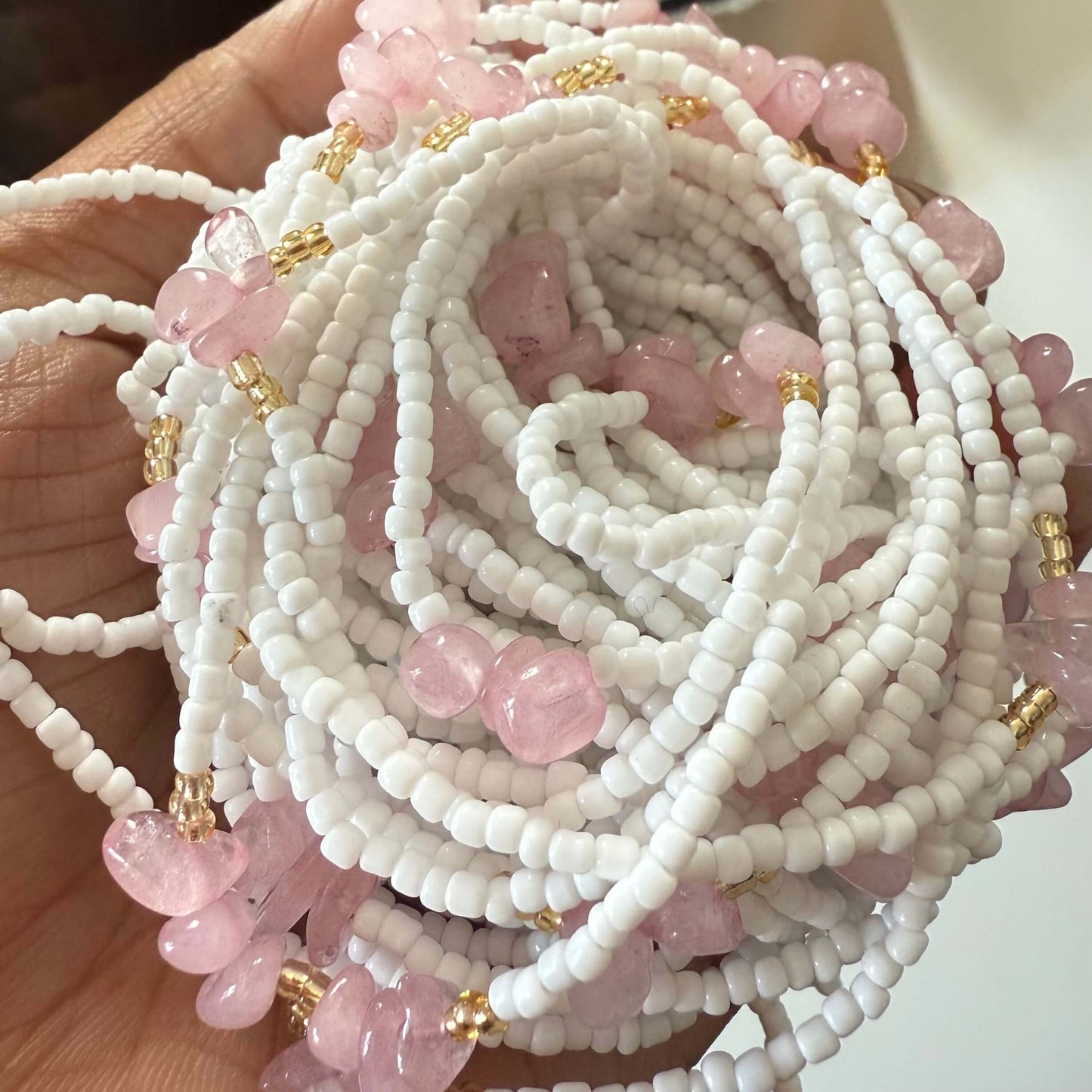 white and rose quartz tie on waist beads