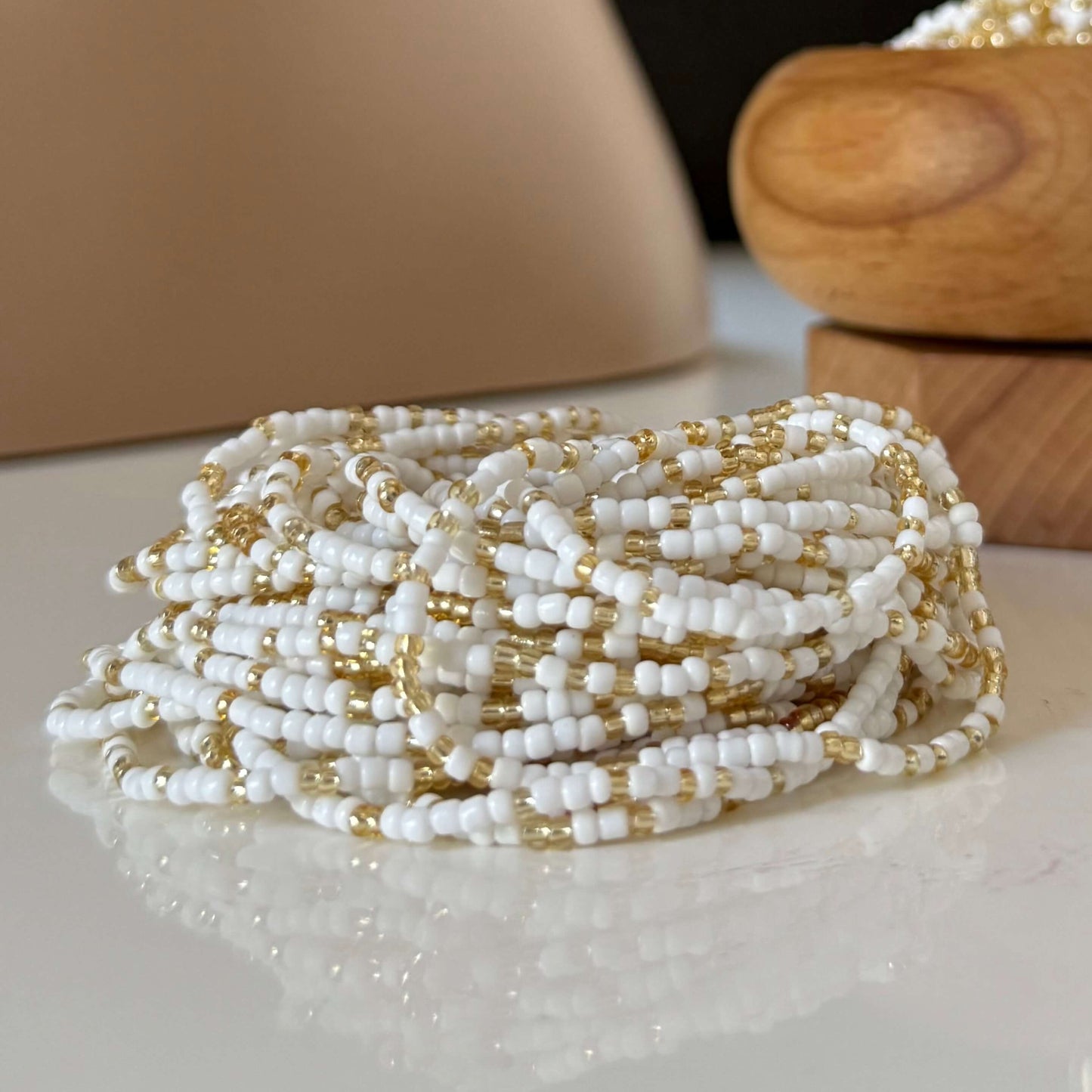 White and gold waist beads for women