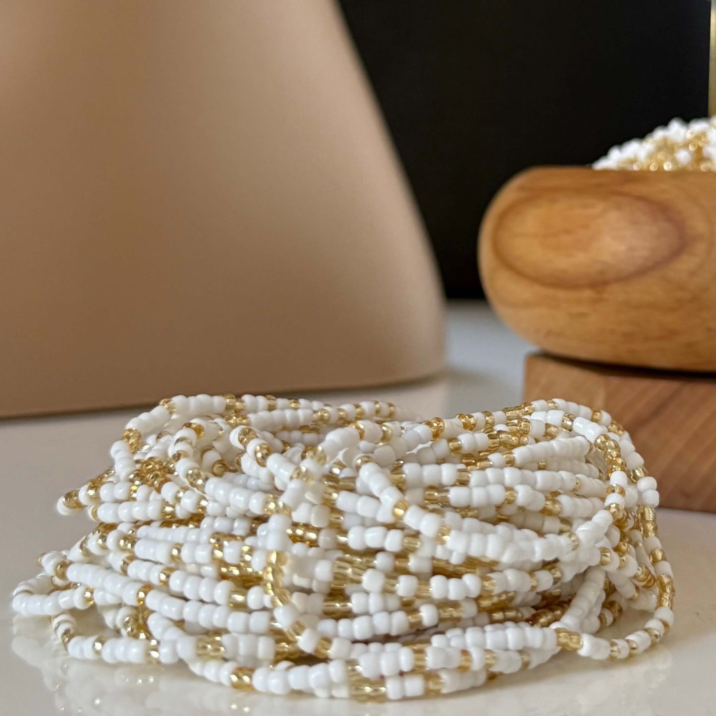 White and gold waist beads for women