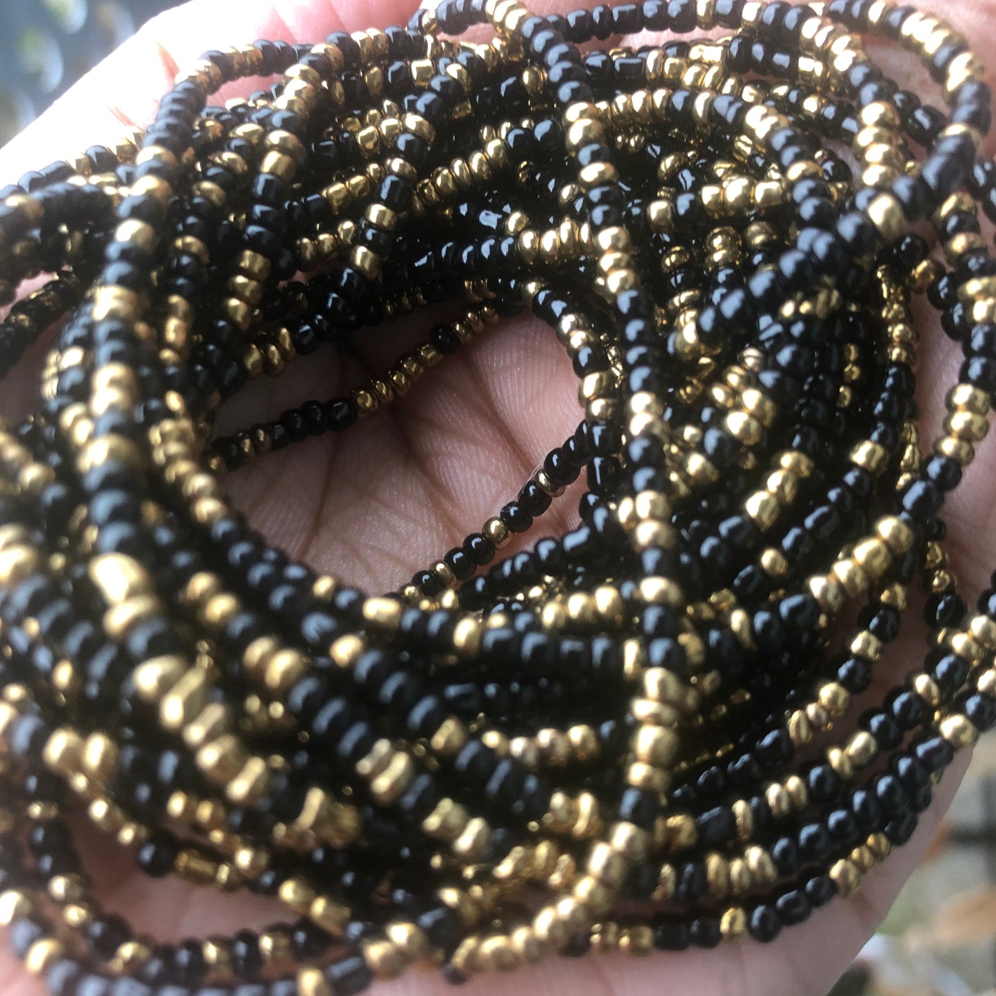black and bronze waist beads, African waist beads, tie on waist beads for women