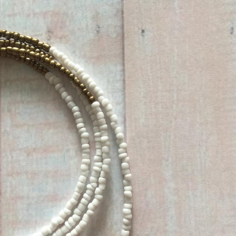 white and bronze waist beads, tie on and clasp waist beads