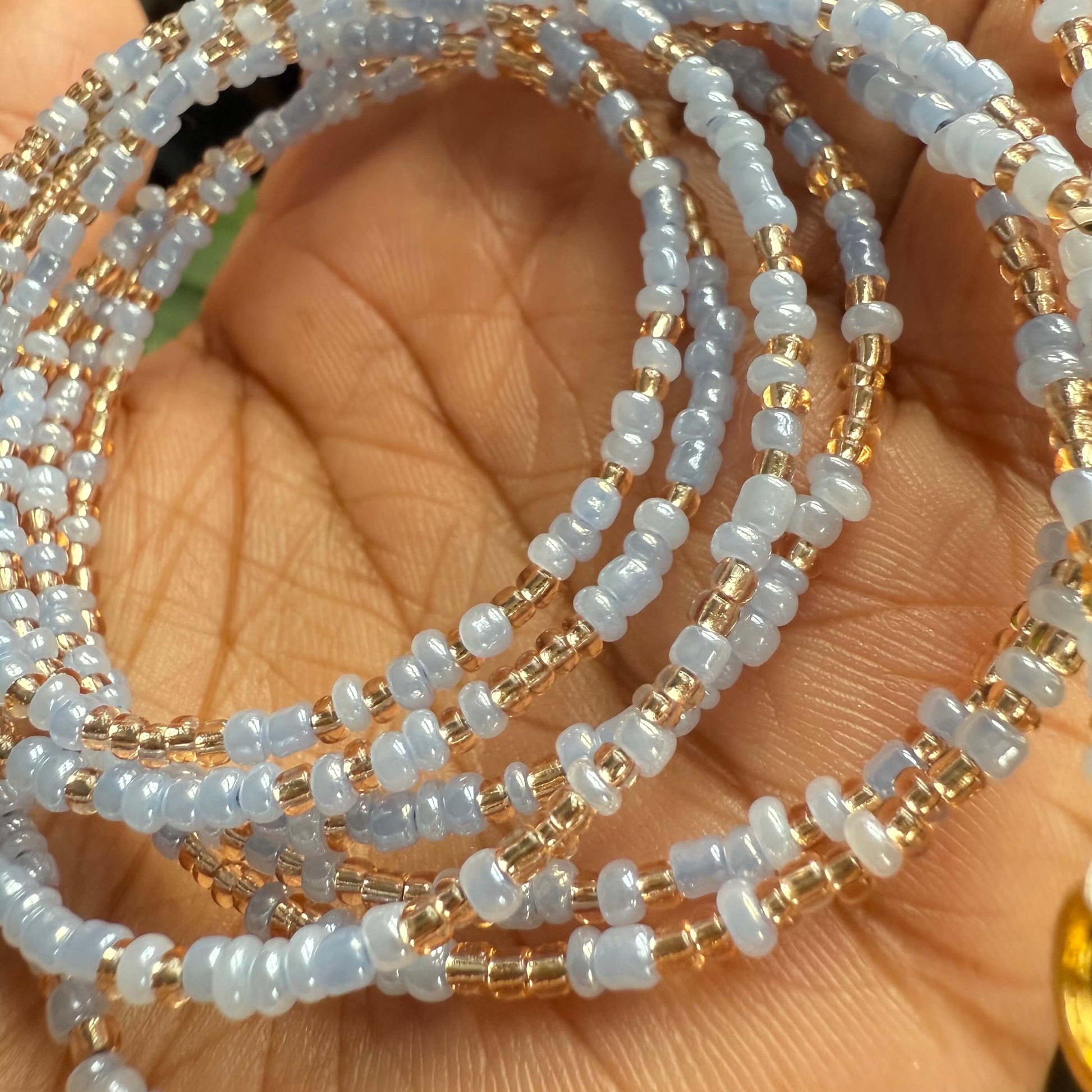 african waist beads, blue and gold waist beads for women