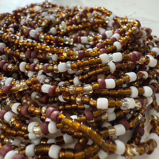 waist beads, african waist beads, brown, gold and white waist beads for women