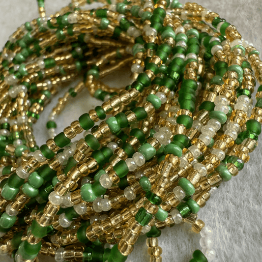 waist beads, african waist beads for women, green and gold belly beads, waist chain