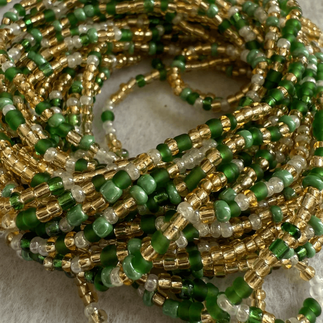 waist beads, african waist beads for women, green and gold belly beads, waist chain