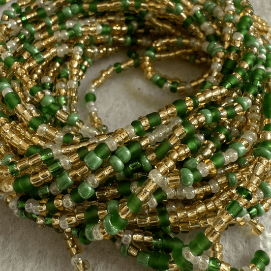 waist beads, african waist beads for women, green and gold belly beads, waist chain