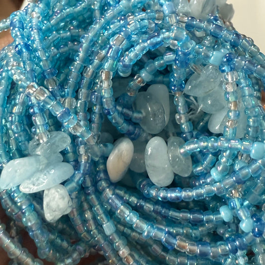 Blue beaded waist necklace with aquamarine crystals, waist beads for healing