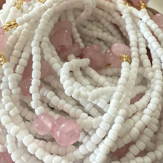 white and rose quartz waist beads, waist necklace, tie on waist beads for women
