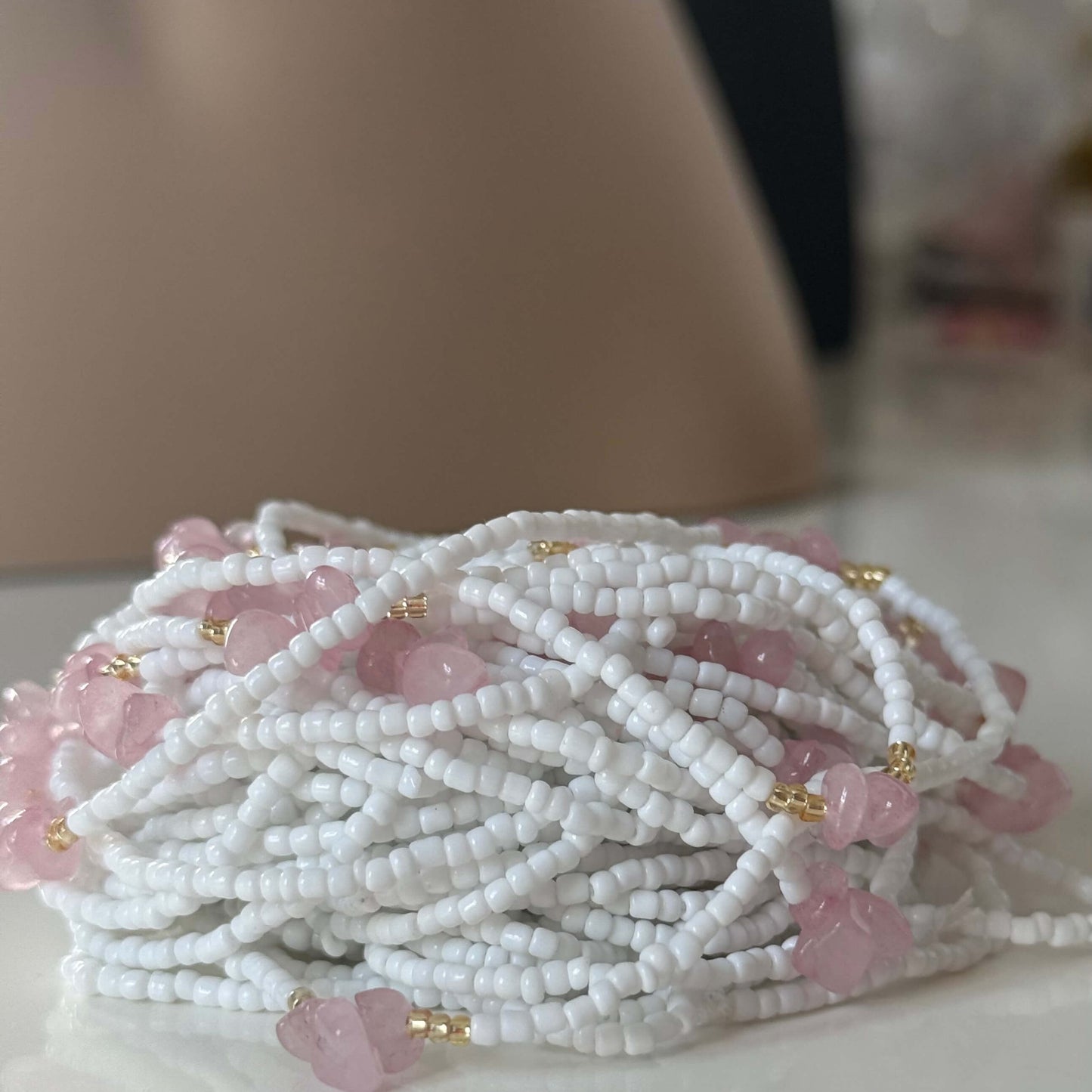 white and rose quartz waist beads, tie on waist beads for women