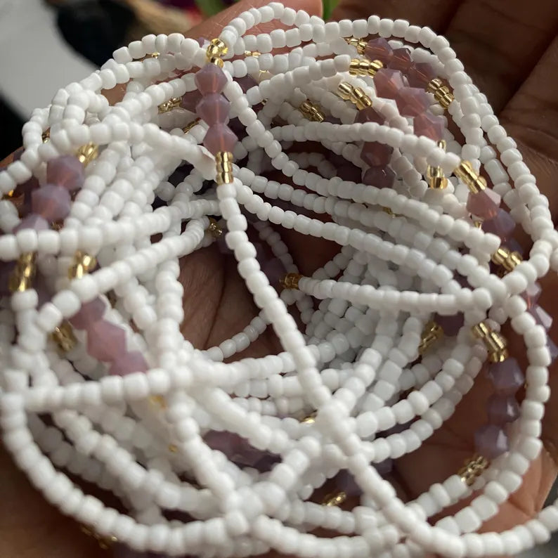 waist beads, tie on and clasp. white and lilac bicone beads