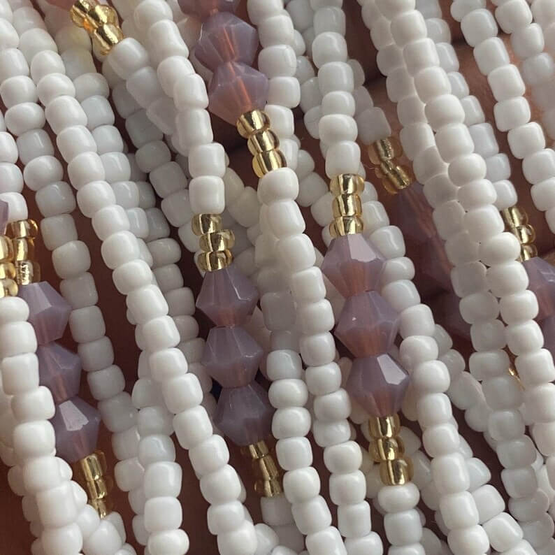 waist beads, tie on and clasp. white and lilac bicone beads