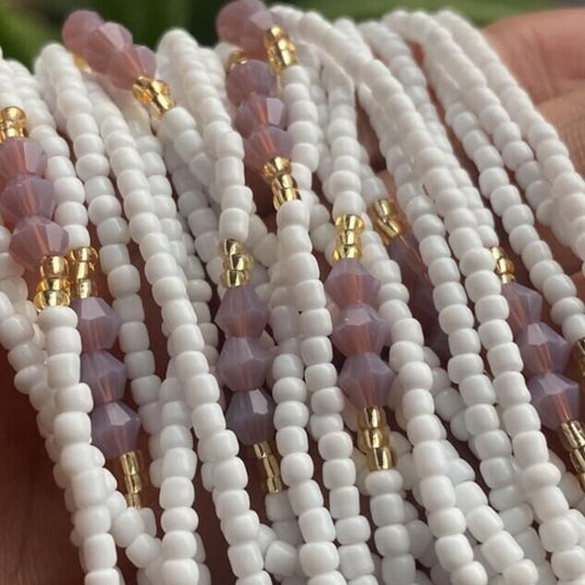 waist beads, tie on and clasp. white and lilac bicone beads