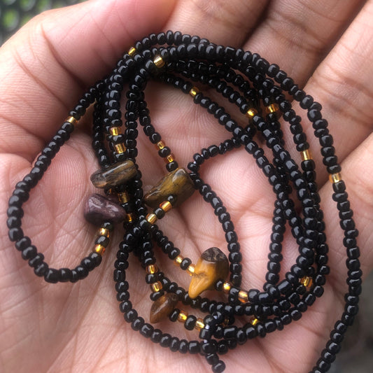 tigers eye and black waist beads, tie on and clasp waist beads for weight loss, crystal waist beads