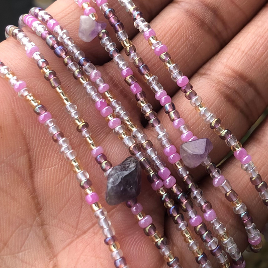 amethyst crystal waist beads, tie on and clasp waist beads for plus size women