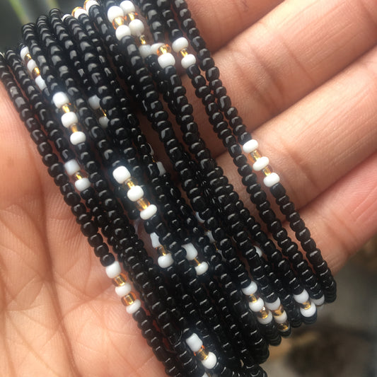 black white and gold waist beads