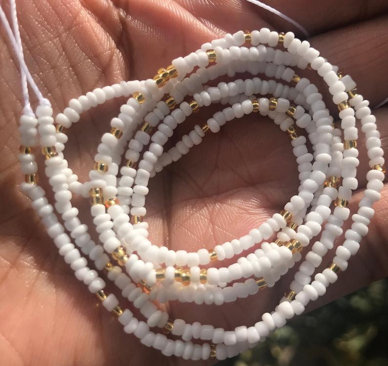 white and gold toe on waist beads for women